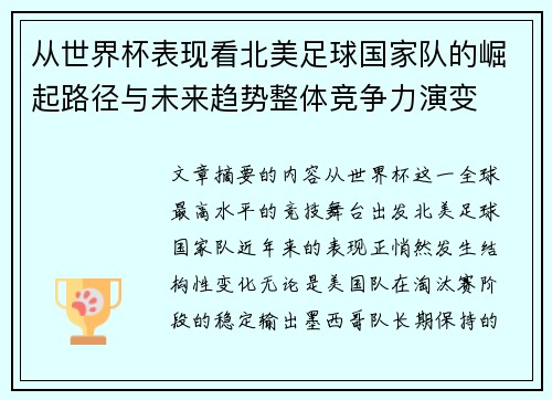 从世界杯表现看北美足球国家队的崛起路径与未来趋势整体竞争力演变