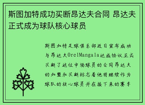斯图加特成功买断昂达夫合同 昂达夫正式成为球队核心球员